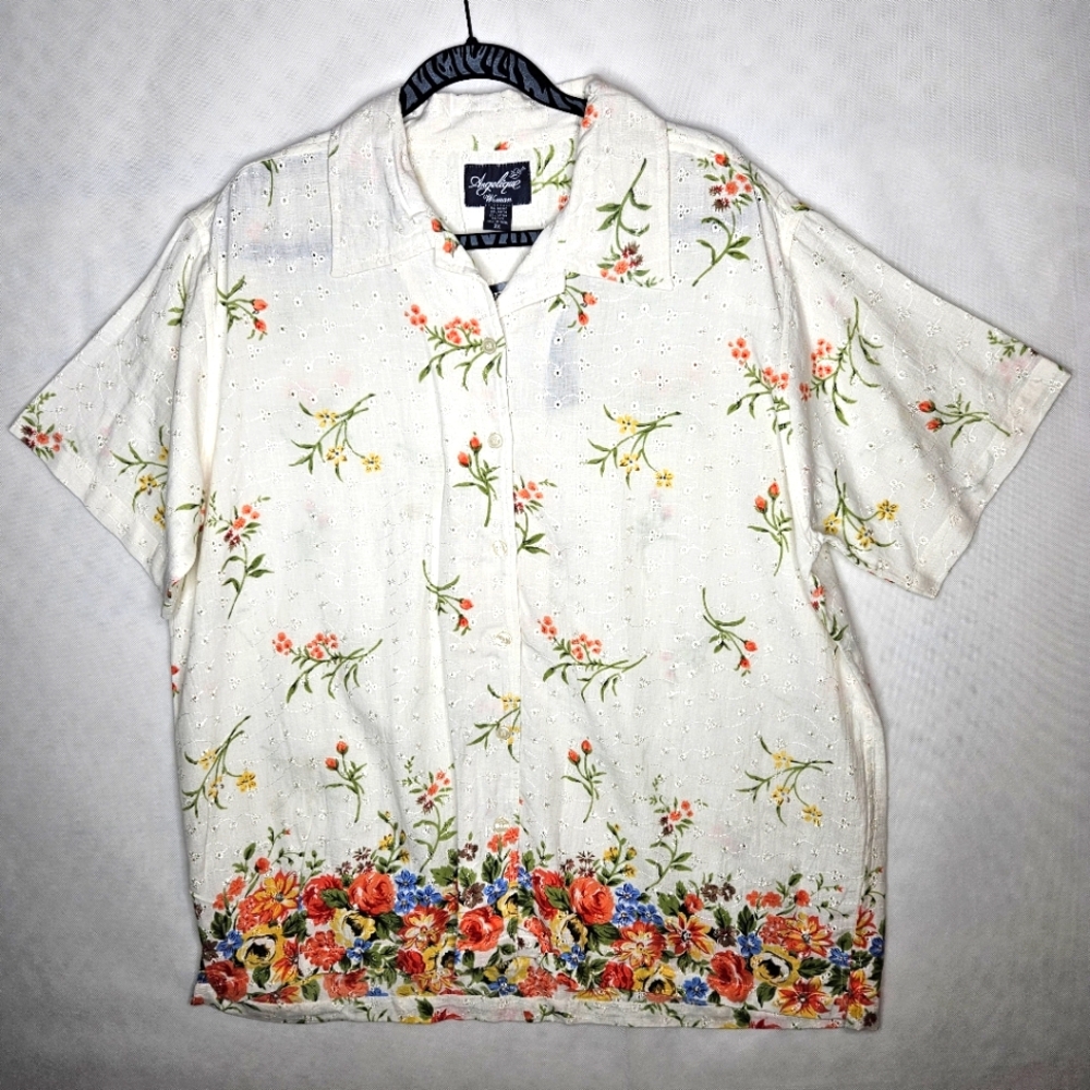 Angelique Women's Vtg Floral Embroidered Button Up Shirt  3X New Tag Short Sleev